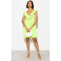 Liquorish Women's Pleated Frill Detail V Neck Midi Dress in Green | Size: 10