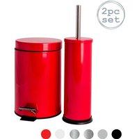 Harbour Housewares 3L Round Bathroom Bin & Brush Set - Slim Stainless Steel Bathroom Set in Red