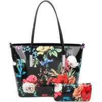 Fontanella Fashion Women's Fleur Glossy Flower Print Shoulder Tote Bag & Purse 2 in 1 in Black