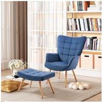 Dark Blue Linen Tufted Armchair with Footstool