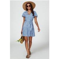 FS Collection Women's Floral Print Hem Tiered Wrap Mini Dress in Blue | Size: XL