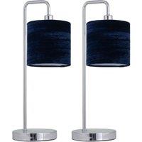 First Choice Lighting Set of 2 Chrome Arch Table Lamps with Navy Blue Crushed Velvet Shades in Silver