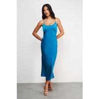 Warehouse Women's Satin Tie Bust Seam Strappy Midi Slip Dress in Blue | Size: 12