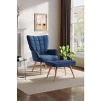 Dark Blue Linen Upholstered Armchair with Footstool