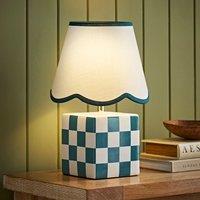 ValueLights Evie Ceramic Check Cube Table Lamp with Trim Linen Scallop Lamp Shade in Green