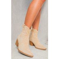 IKRUSH Women's Laura Faux Suede Cowboy Ankle Length Boots in Beige | Size: 8
