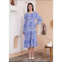 Relaxed Fit Round Neck Long Sleeves Leopard Printed Shirred Detailed Dress