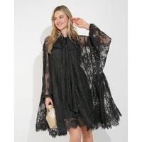 CY Women's Stand Collar Shift Dress With Heavily Gathered Tiered Mesh Frills Shirt Hem Design in Black | Size: Medium/Large