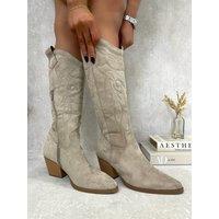 IKRUSH Women's Samira Block Heel Cowboy Boots in Beige | Size: 8