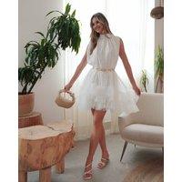 CY Women's Stand Collar Shift Dress With Heavily Gathered Tiered Mesh Frills Shirt Hem Design in White | Size: Medium/Large