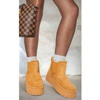 IKRUSH Women's Edith Fluffy Platform Sole Chelsea Faux Fur Lined Ankle Boots in Camel | Size: 7