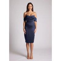Vesper Women's Off-Shoulder Satin Midi Dress in Navy | Size: 12
