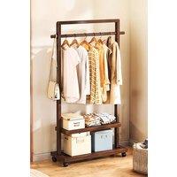 Living and Home Bamboo Rolling Clothes Coat Hanging Rod Garment Rack with 2-tier Shelves, Wheels in Brown