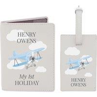 Personalised Memento Company Men's Personalised Blue Plane Passport Holder & Luggage Tag Set in Beige