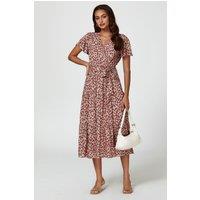 FS Collection Women's Pink Floral Print Wrap Midi Dress In Beige | Size: XS