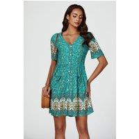 FS Collection Women's Print Boho Mini Dress In Green | Size: Medium
