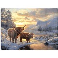 Warren Reed - Designer Highland Cows By The Lake Glass Chopping Board in Brown