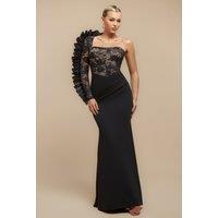 Goddiva Women's One Shoulder Organza Fan Detail Lace Bodice Maxi Dress in Black | Size: 10