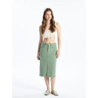 Dexia Women's Cotton Denim High Waist Midi Skirt with Slit in Khaki | Size: 26