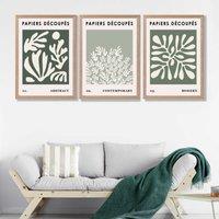 ARTZE Matisse Floral Set of 3 in Green & Sage Wall Art Prints with Oak Frame. Size: A2 in Bottle Green | Size: W53 cm x H73 cm x D20mm
