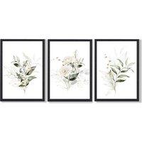 ARTZE White & Green Floral Bouquets Set of 3 Wall Art Prints with Black Frame. Size: A4 in Dark Olive | Size: A3