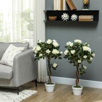 OUTSUNNY Set of 2 90cm Artificial Rose Tree, Fake Decorative Plant in White
