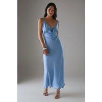 Warehouse Women's Petite Satin Strappy Tie Front Maxi Slip Dress in Baby Blue | Size: 14
