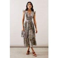 Wallis Women's Animal Print Ruffle Sleeve Tiered Dress | Size: 16