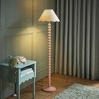 ValueLights Bobbins Painted Rose Pink Floor Lamp with Tapered Natural Linen Scallop Shade in Pale Pink