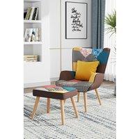 Patchwork Tufted Wingback Armchair with Cushion and Footstool