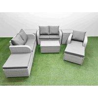 Fimous High Back Poly Rattan Garden Furniture Set w/ Reclining Chair Loveseat Sofa Rectangular Coffee Table Indoor Outdoor Patio Set 2 Big Stool 2