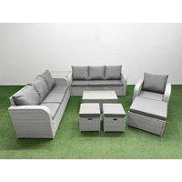 Fimous 10 Seater Poly Rattan Outdoor Garden Furniture Sofa Set Patio 3 Seater Sofa Reclining Chair 3 Seater Sofa 3 Stools Side Table Light Grey
