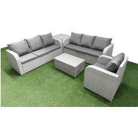 Fimous 7 Seater Poly Rattan Outdoor Garden Furniture Sofa Set Patio 3 Seater Sofa Reclining Chair 3 Seater Sofa Side Table Light Grey