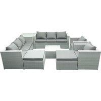 Fimous Outdoor Rattan Sofa Garden Furniture Set with 2 Armchairs Square Coffee Table 2 Big Footstools Side Table Light Grey Mixed
