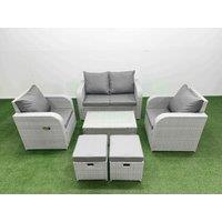 Fimous Light Grey PE Wicker Rattan Garden Furniture Set Sofa Set Reclining Adjustable Chair Rectangular Coffee Table 6 Seater 2 Small Stools