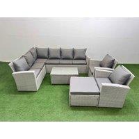 Fimous 9 Seater Garden Outdoor PE Rattan Furniture Set with Big Stool 2 Chair in Light Grey