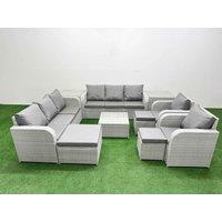 Fimous PE Rattan High Back Lounge Sofa Set Patio Square Coffee Table & Chairs Set with 3 Seater Sofa Reclining Chair 3 Stools 2 Side Table Light Grey