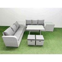 Fimous Rattan High Back Lounge Sofa Set with 3 Seater Sofa 2 Side Table Stool in Light Grey