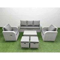Fimous PE Rattan Garden Furniture Set Reclining Chair Sofa Lounge Sofa Set Oblong Coffee Table 2 Small Stools Light Grey