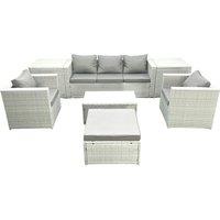 Fimous Rattan Garden Furniture Set with 3 Seater Sofa 2 Chair Rectangular Coffee Table Big Footstool 2 Side Tables Light Grey Mixed 6 Seater