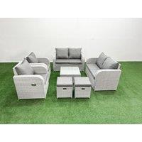 Fimous 8 Seater Outdoor Reclining Chair Love Sofa Set Rattan Garden Furniture Set with Square Coffee Table 2 Stools Light Grey