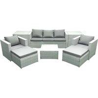 Fimous 7 Seater Rattan Garden Furniture Set with 3 Seater Sofa 2 Chair Square Coffee Table 2 Big Footstools 2 Side Tables Light Grey Mixed