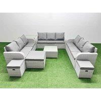 Fimous PE Rattan Lounge Sofa Set 12 Seater Outdoor Garden Furniture Set with Square Coffee Table 3 Seater Sofa 3 Stools Side Table Light Grey