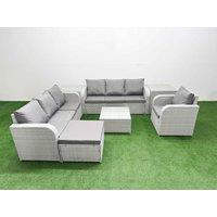 Fimous 8 Seater Poly Rattan Outdoor Garden Furniture Square Coffee Table Sofa Set Patio 3 Seater Sofa Reclining Chair 3 Seater Sofa Big Footstool 2