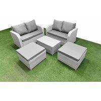 Fimous 6 Seater Outdoor Love Sofa Set Rattan Garden Furniture Set with Rectangular Coffee Table 2 Footstool Light Grey