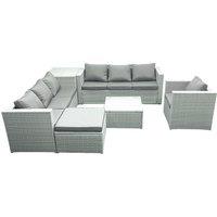 Fimous Wicker PE Rattan Sofa Garden Furniture Set with Armchair Square Coffee Table Big Footstool Side Table Light Grey Mixed