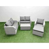Fimous High Back Poly Rattan Garden Furniture Set w/ Reclining Chair Loveseat Sofa Rectangular Coffee Table Indoor Outdoor Patio Set Big Stool Light