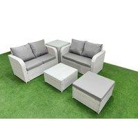 Fimous 5 Seater Outdoor Love Sofa Set Rattan Garden Furniture Set with Square Coffee Table Big Footstool Side Table Light Grey