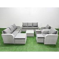 Fimous PE Rattan High Back Lounge Sofa Set Patio Square Coffee Table & Chairs Set with 3 Seater Sofa Reclining Chair 3 Stools Light Grey