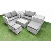 Fimous 7 Seater Outdoor Love Sofa Set Rattan Garden Furniture Set with Rectangular Coffee Table 3 Footstool 2 Side Tables Light Grey